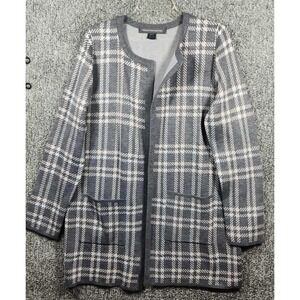 French Connection - Plaid Cardigan Open Front Pockets Gray White - Womens Large‎